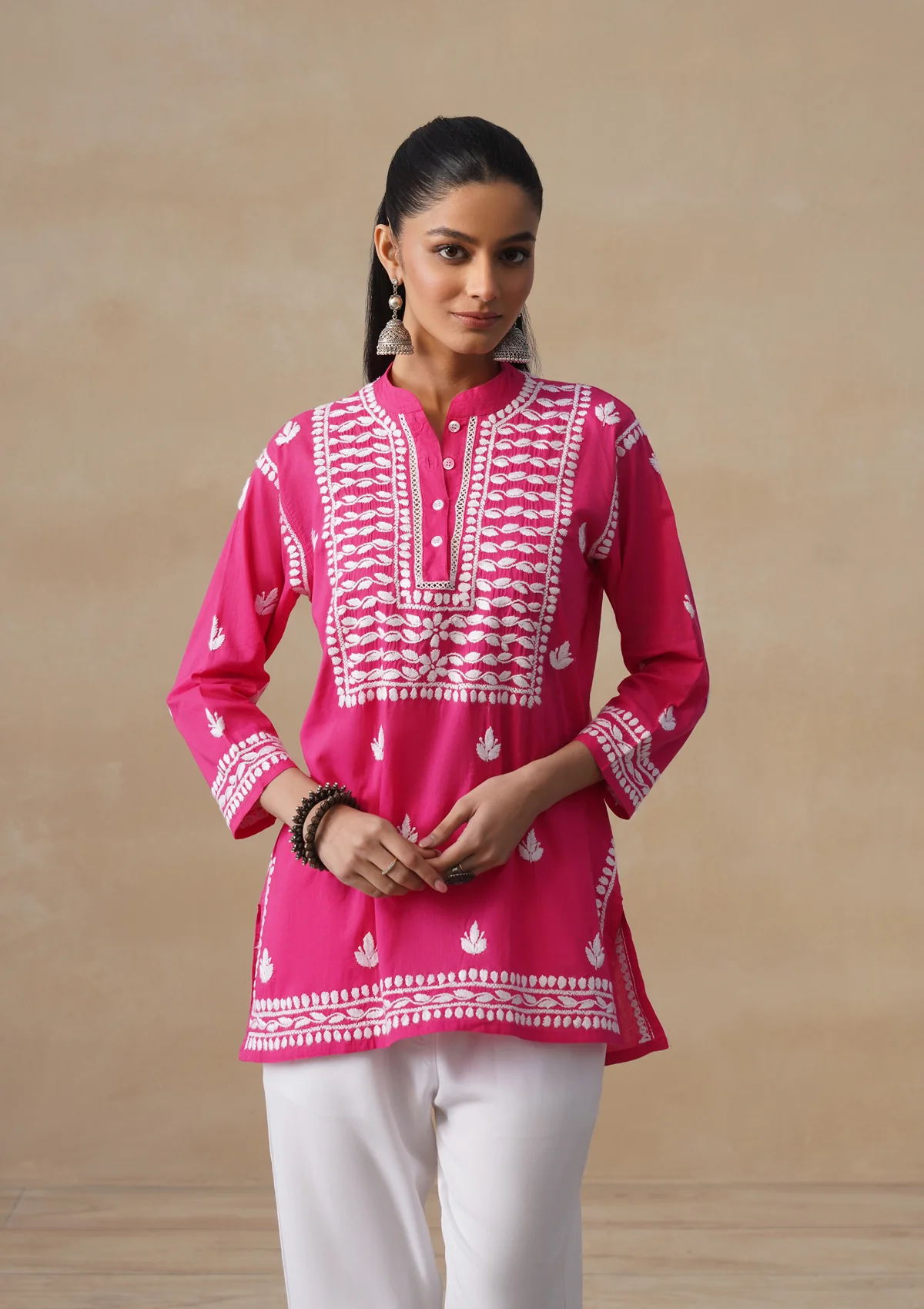 HOC Pure Cotton Chikankari Solid Women's Short Kurta-Fuschia