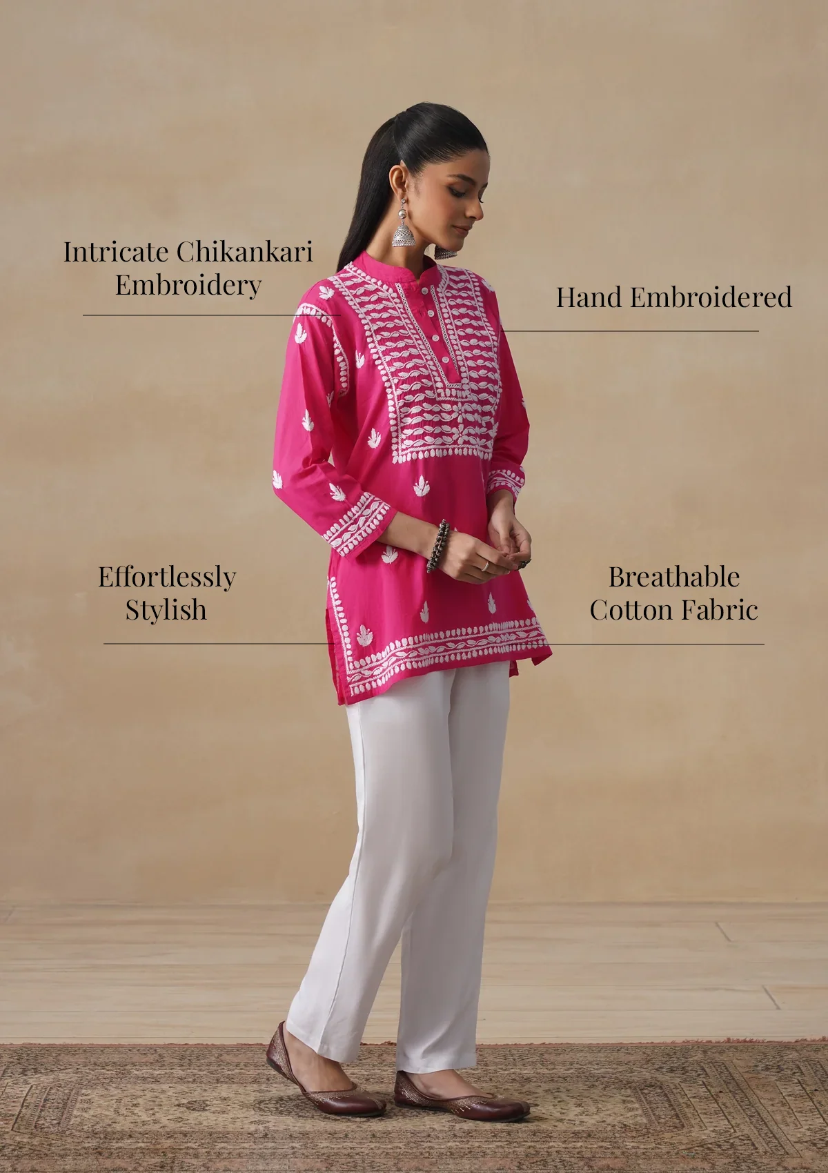 HOC Pure Cotton Chikankari Solid Women's Short Kurta-Fuschia - Image 10