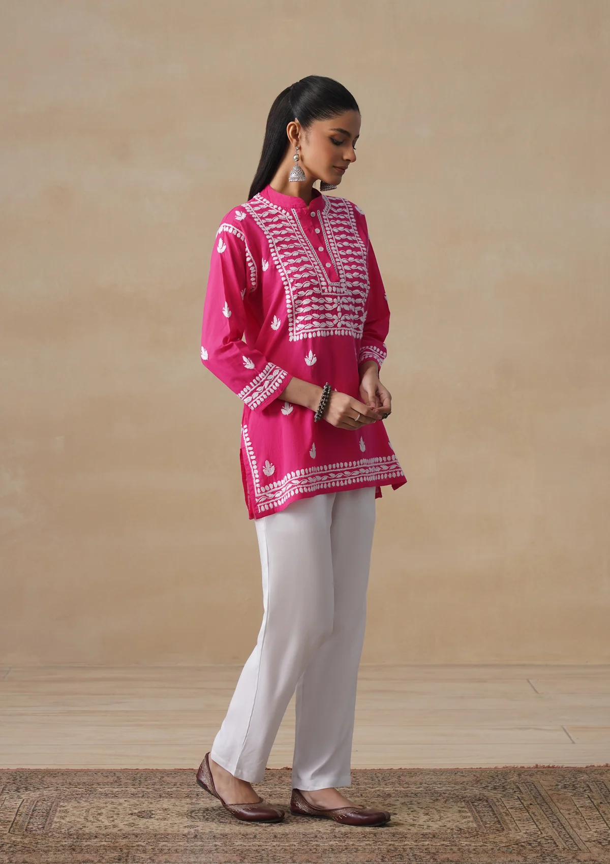 HOC Pure Cotton Chikankari Solid Women's Short Kurta-Fuschia - Image 3