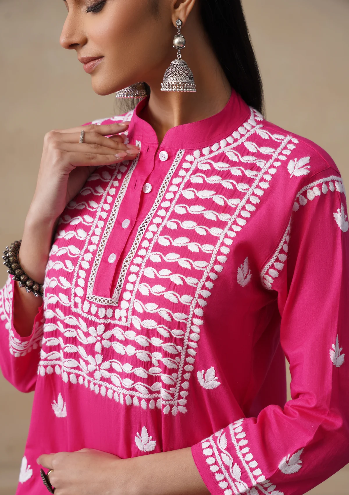 HOC Pure Cotton Chikankari Solid Women's Short Kurta-Fuschia - Image 4