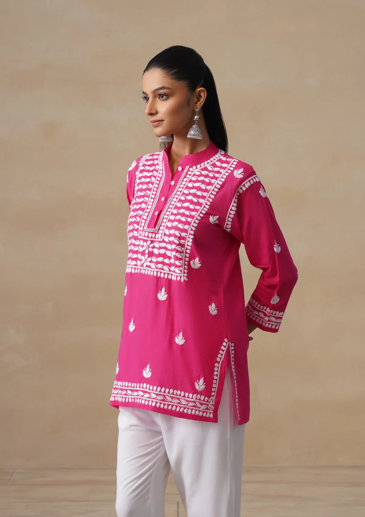 HOC Pure Cotton Chikankari Solid Women's Short Kurta-Fuschia - Image 7