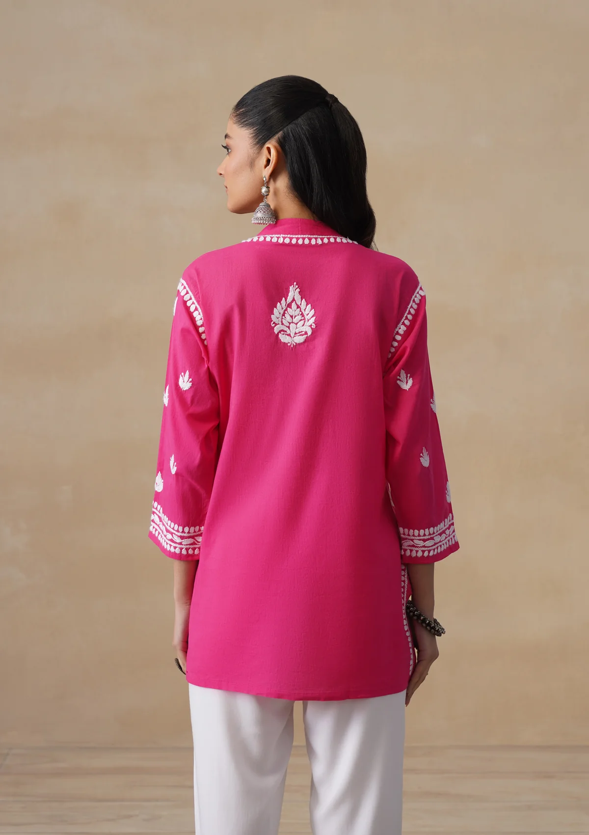 HOC Pure Cotton Chikankari Solid Women's Short Kurta-Fuschia - Image 8