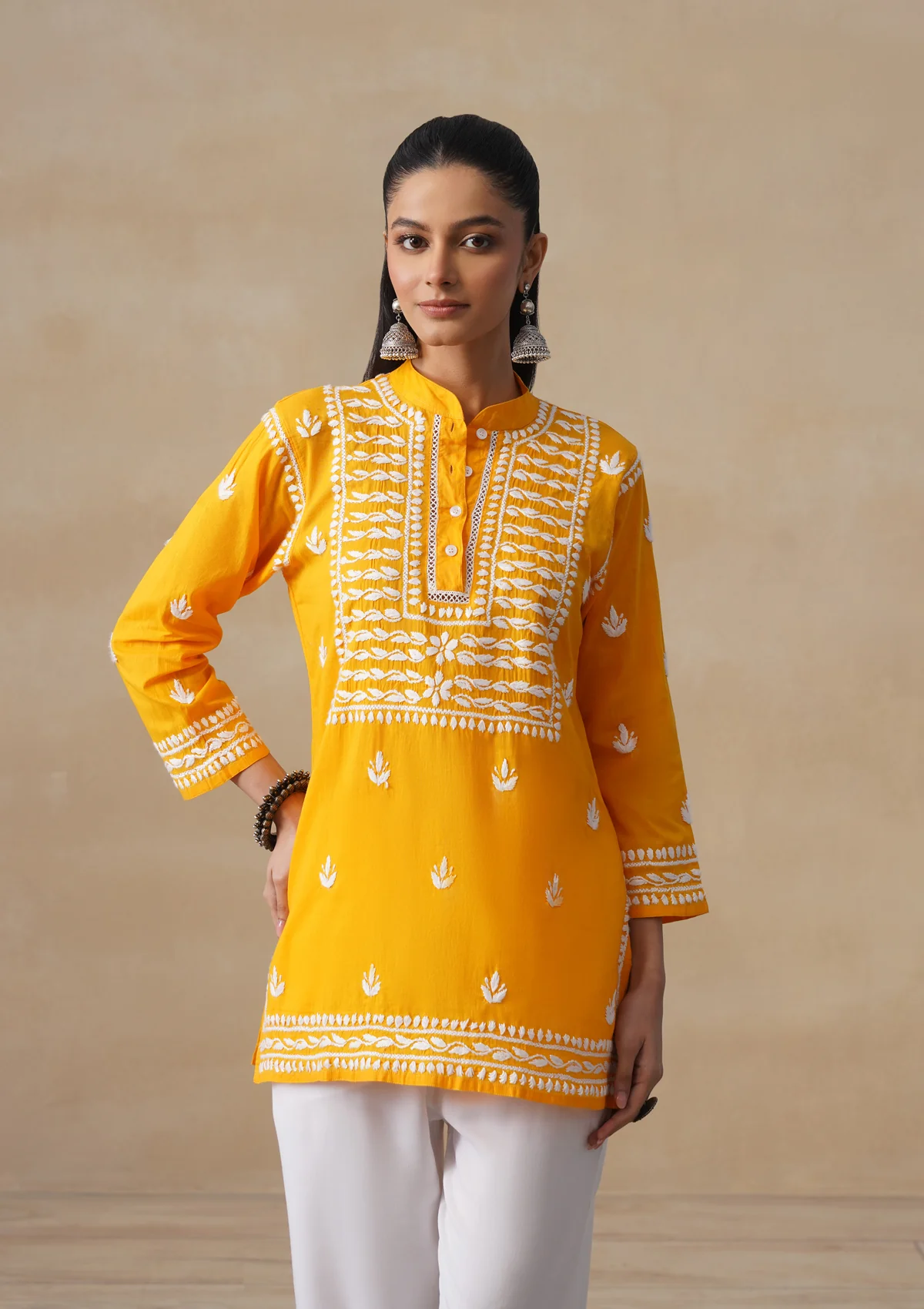 HOC Pure Cotton Chikankari Solid Women's Short Kurta-Mustard