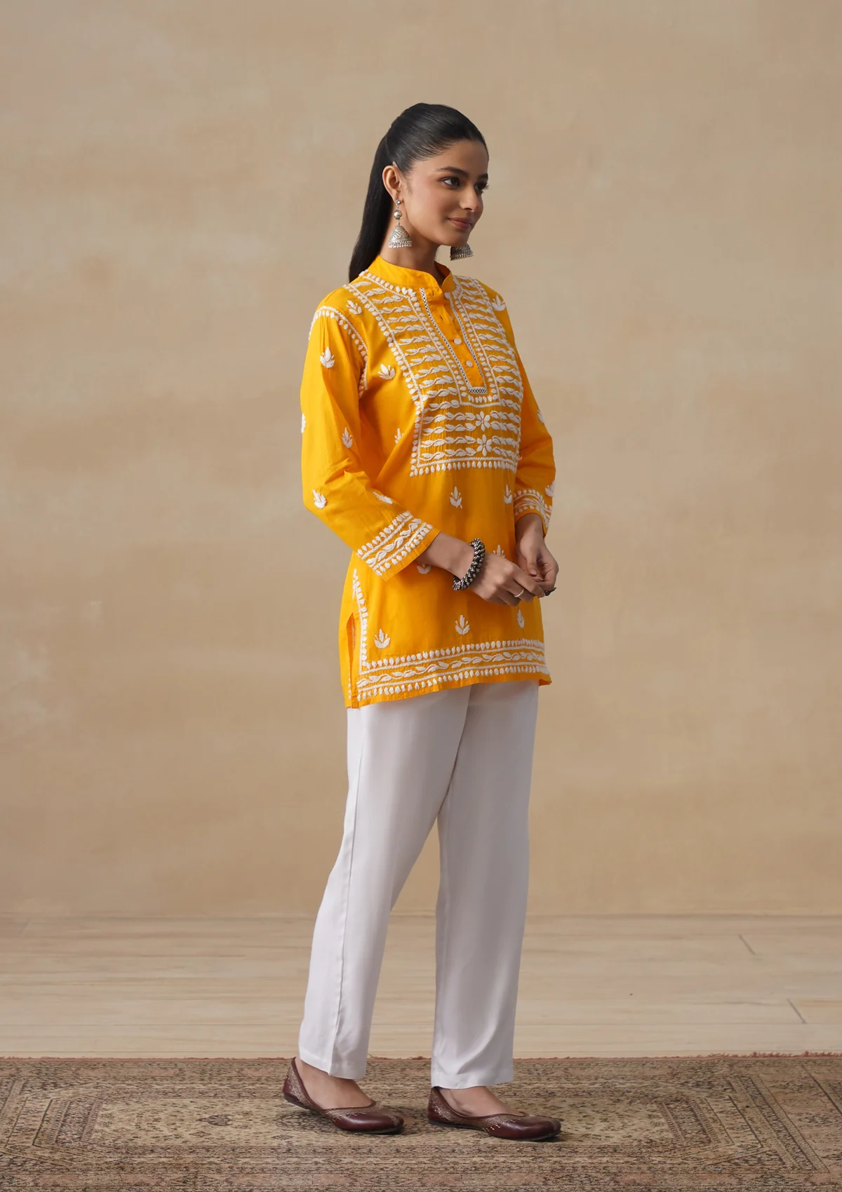 HOC Pure Cotton Chikankari Solid Women's Short Kurta-Mustard - Image 3