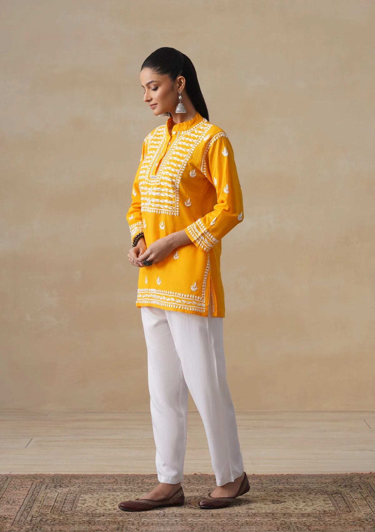 HOC Pure Cotton Chikankari Solid Women's Short Kurta-Mustard - Image 4
