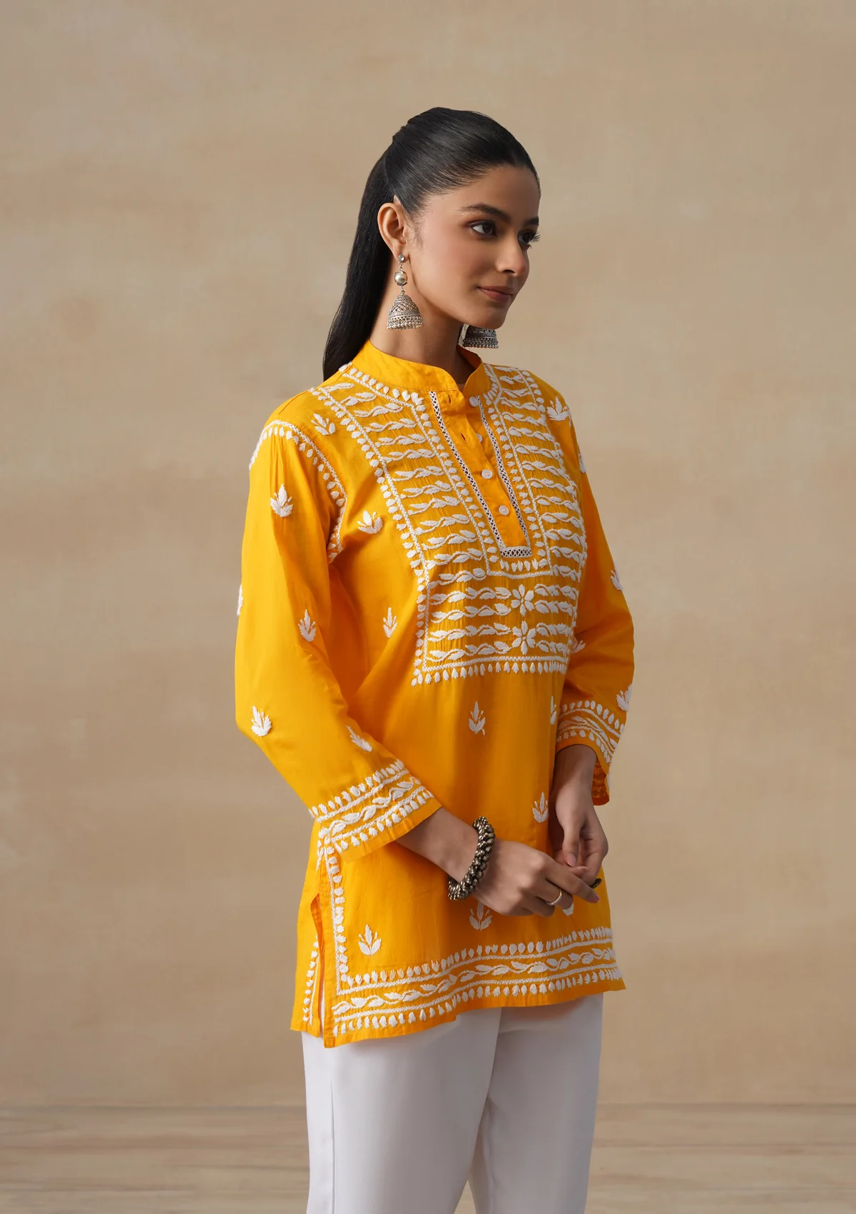 HOC Pure Cotton Chikankari Solid Women's Short Kurta-Mustard - Image 5