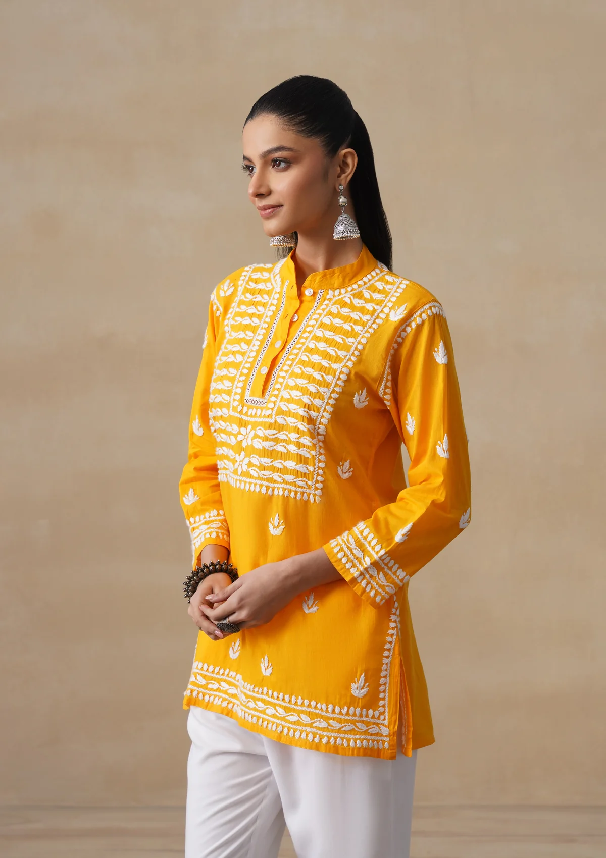 HOC Pure Cotton Chikankari Solid Women's Short Kurta-Mustard - Image 6