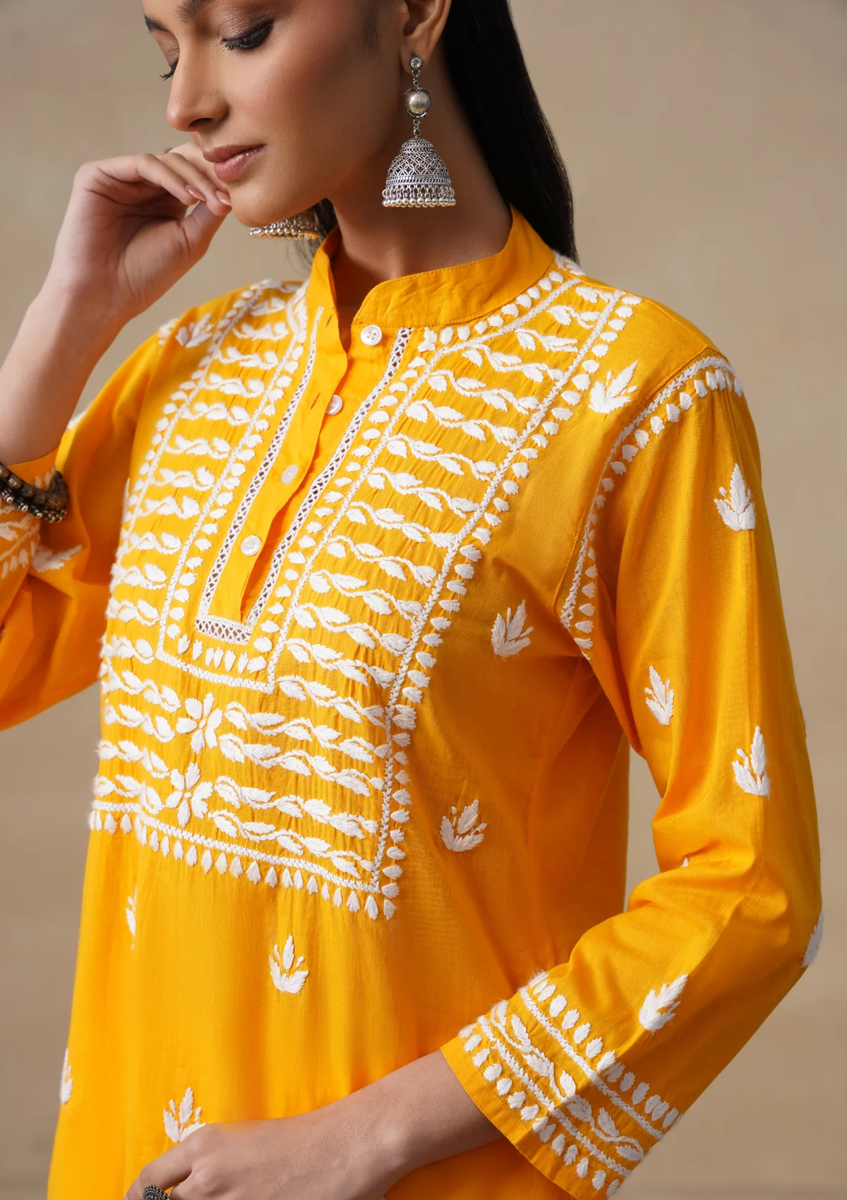 HOC Pure Cotton Chikankari Solid Women's Short Kurta-Mustard - Image 7