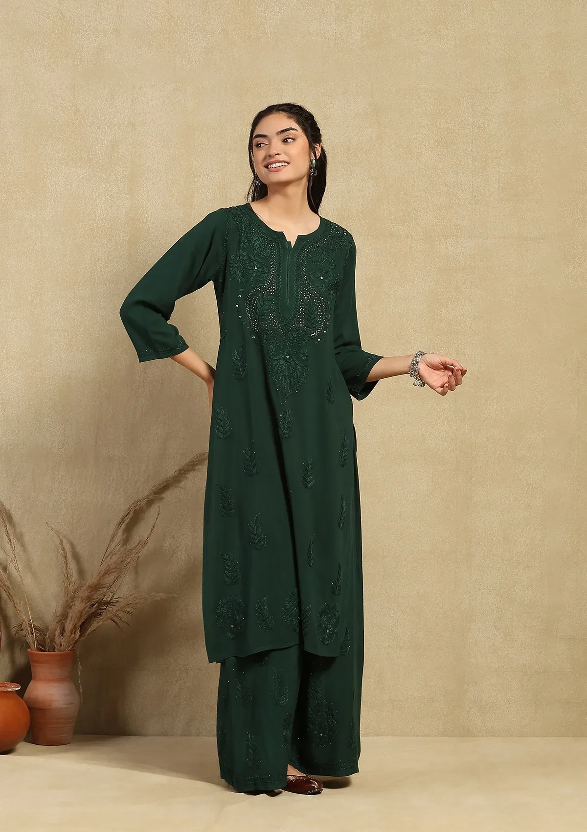 HOC Rayon Chikankari Mukaish Solid Women's 2PC Long Kurta Set - Dark Green - Image 3