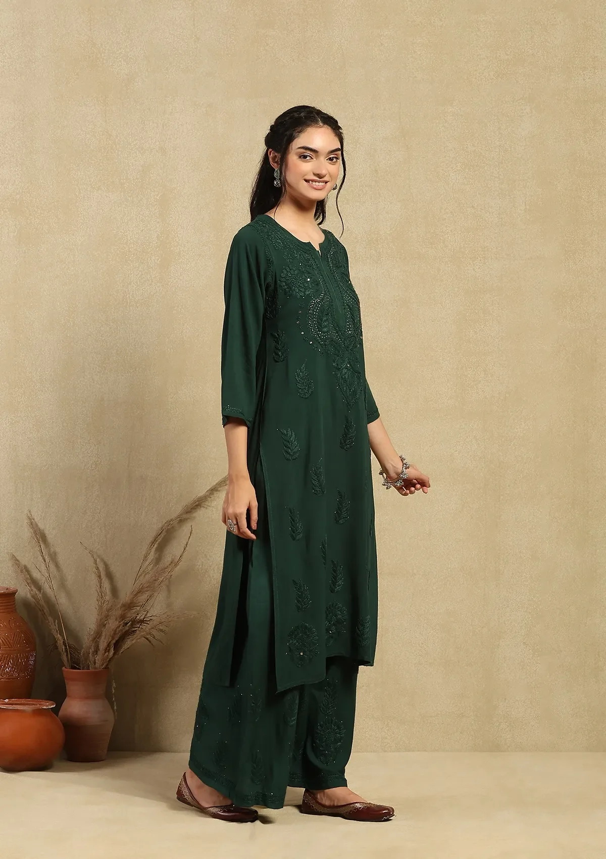 HOC Rayon Chikankari Mukaish Solid Women's 2PC Long Kurta Set - Dark Green - Image 4