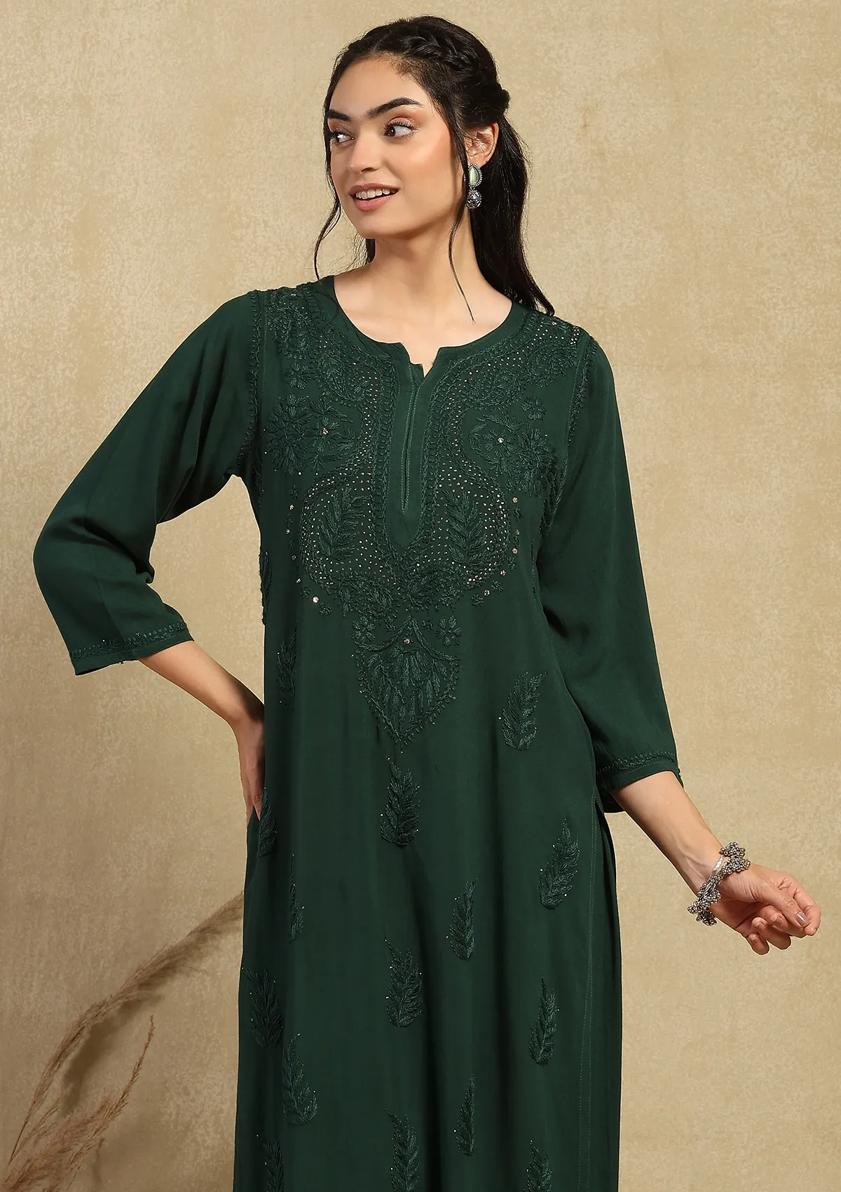 HOC Rayon Chikankari Mukaish Solid Women's 2PC Long Kurta Set - Dark Green - Image 5
