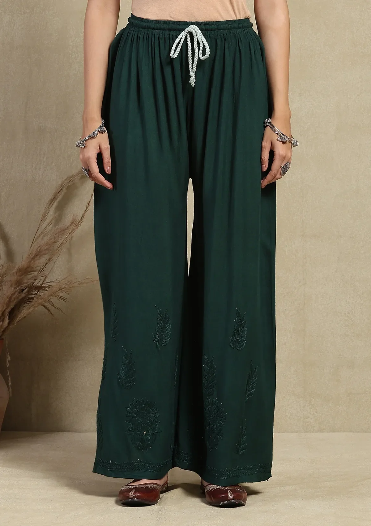 HOC Rayon Chikankari Mukaish Solid Women's 2PC Long Kurta Set - Dark Green - Image 6