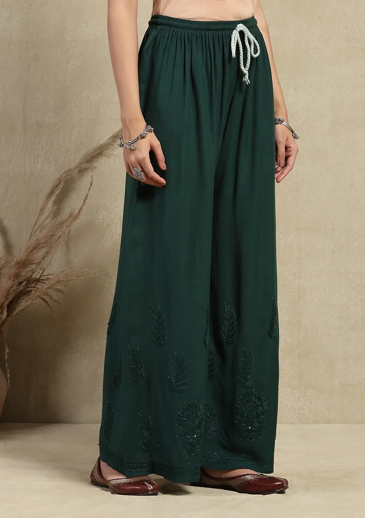 HOC Rayon Chikankari Mukaish Solid Women's 2PC Long Kurta Set - Dark Green - Image 7