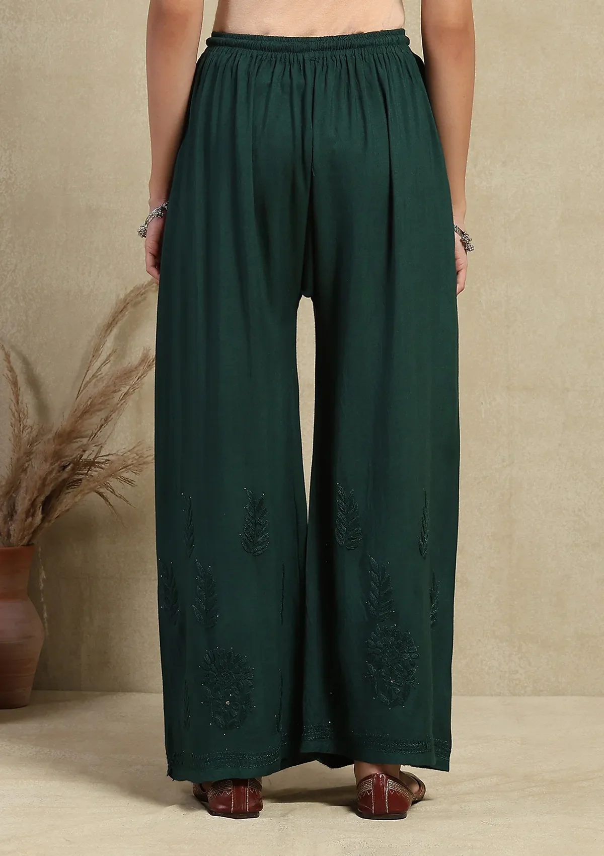 HOC Rayon Chikankari Mukaish Solid Women's 2PC Long Kurta Set - Dark Green - Image 8