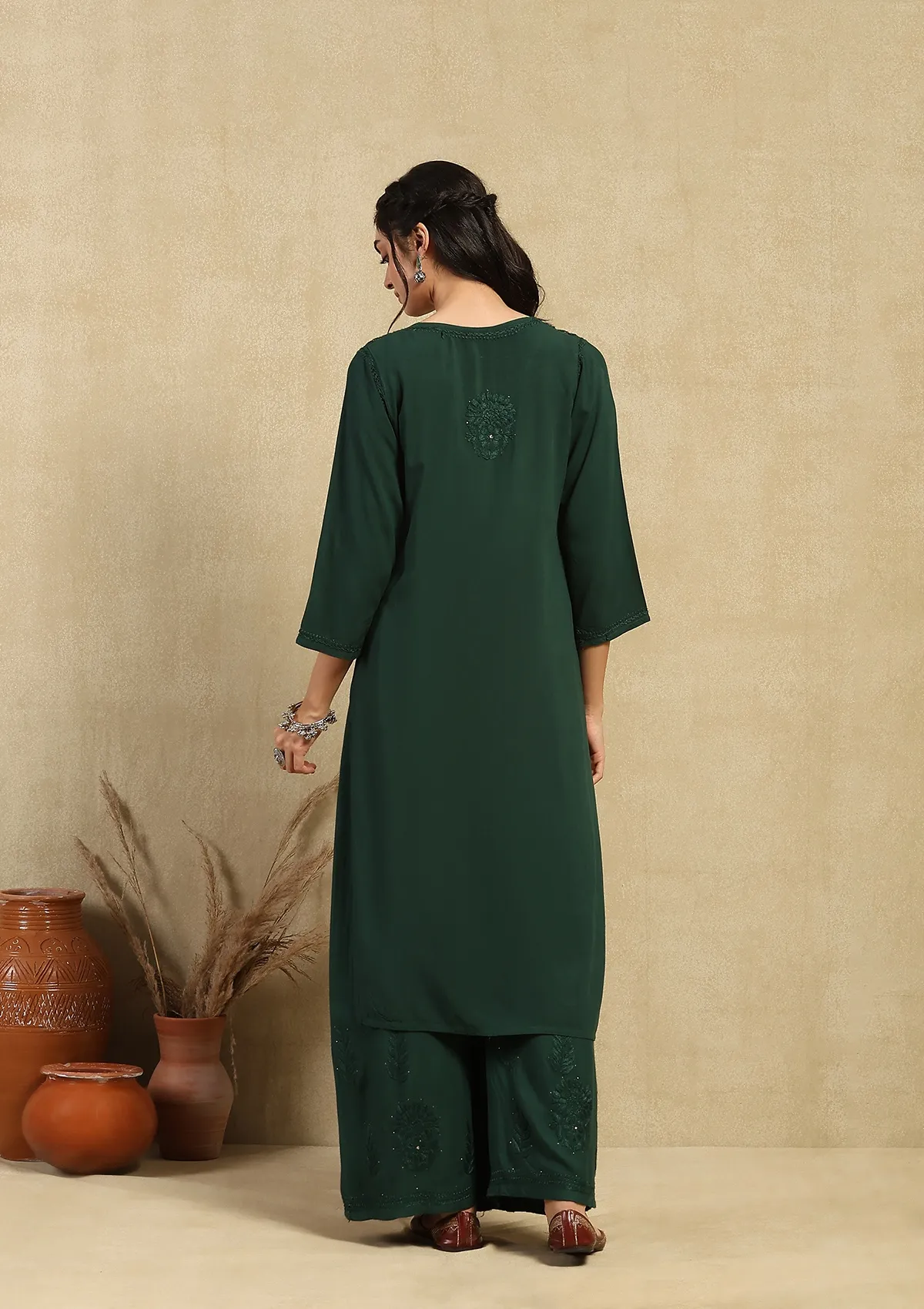 HOC Rayon Chikankari Mukaish Solid Women's 2PC Long Kurta Set - Dark Green - Image 9