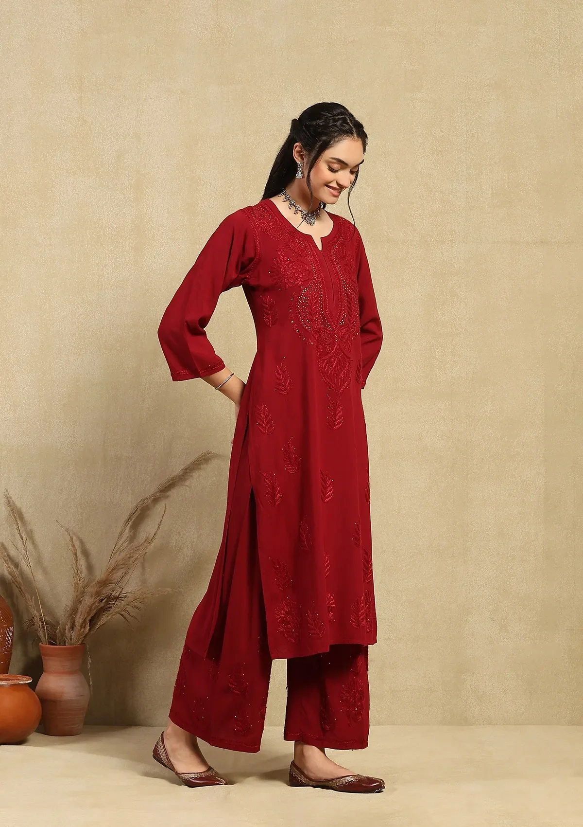 HOC Rayon Chikankari Mukaish Solid Women's 2PC Long Kurta Set-Maroon - Image 4