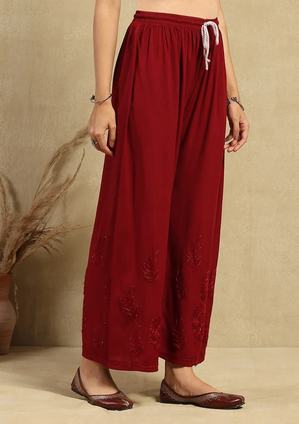 HOC Rayon Chikankari Mukaish Solid Women's 2PC Long Kurta Set-Maroon - Image 7