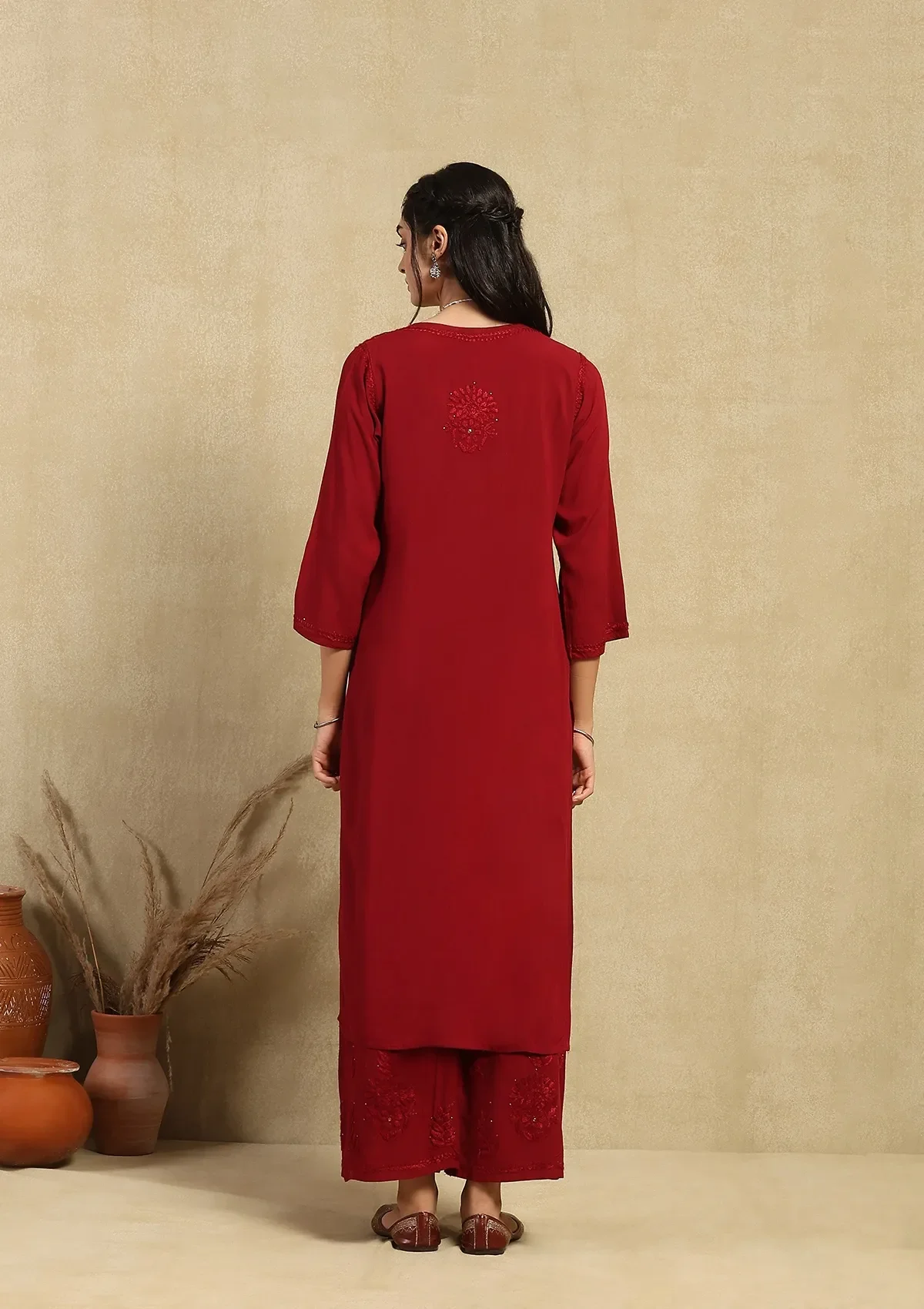 HOC Rayon Chikankari Mukaish Solid Women's 2PC Long Kurta Set-Maroon - Image 8