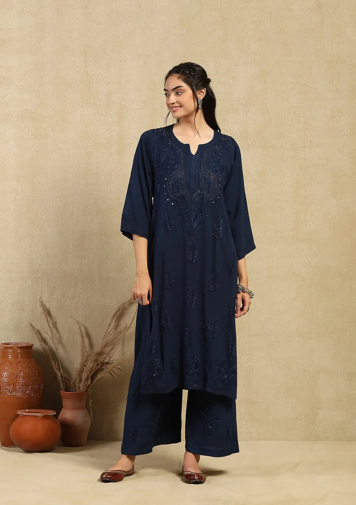 HOC Rayon Chikankari Mukaish Solid Women's 2PC Long Kurta Set -Navy Blue - Image 3