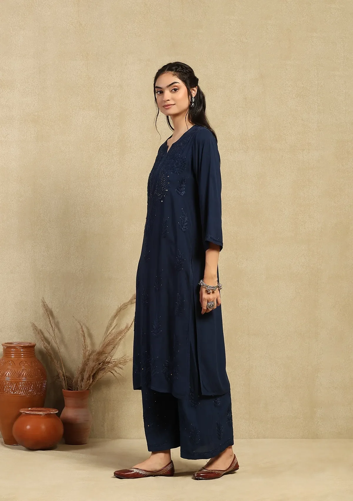 HOC Rayon Chikankari Mukaish Solid Women's 2PC Long Kurta Set -Navy Blue - Image 4