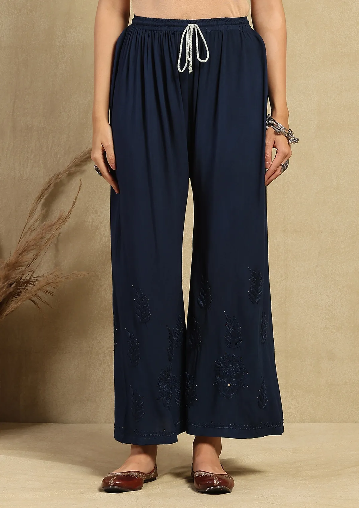 HOC Rayon Chikankari Mukaish Solid Women's 2PC Long Kurta Set -Navy Blue - Image 5