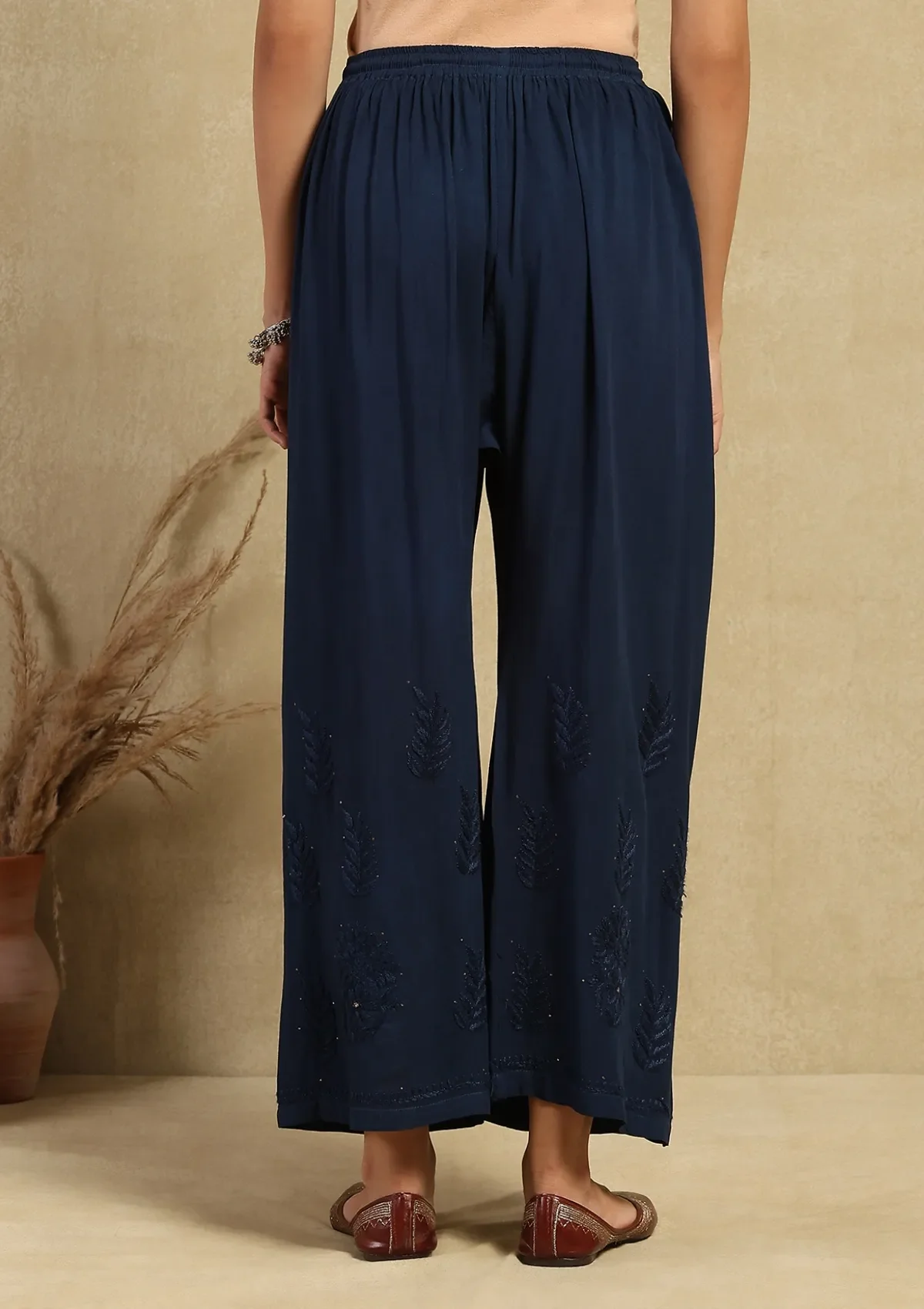 HOC Rayon Chikankari Mukaish Solid Women's 2PC Long Kurta Set -Navy Blue - Image 6