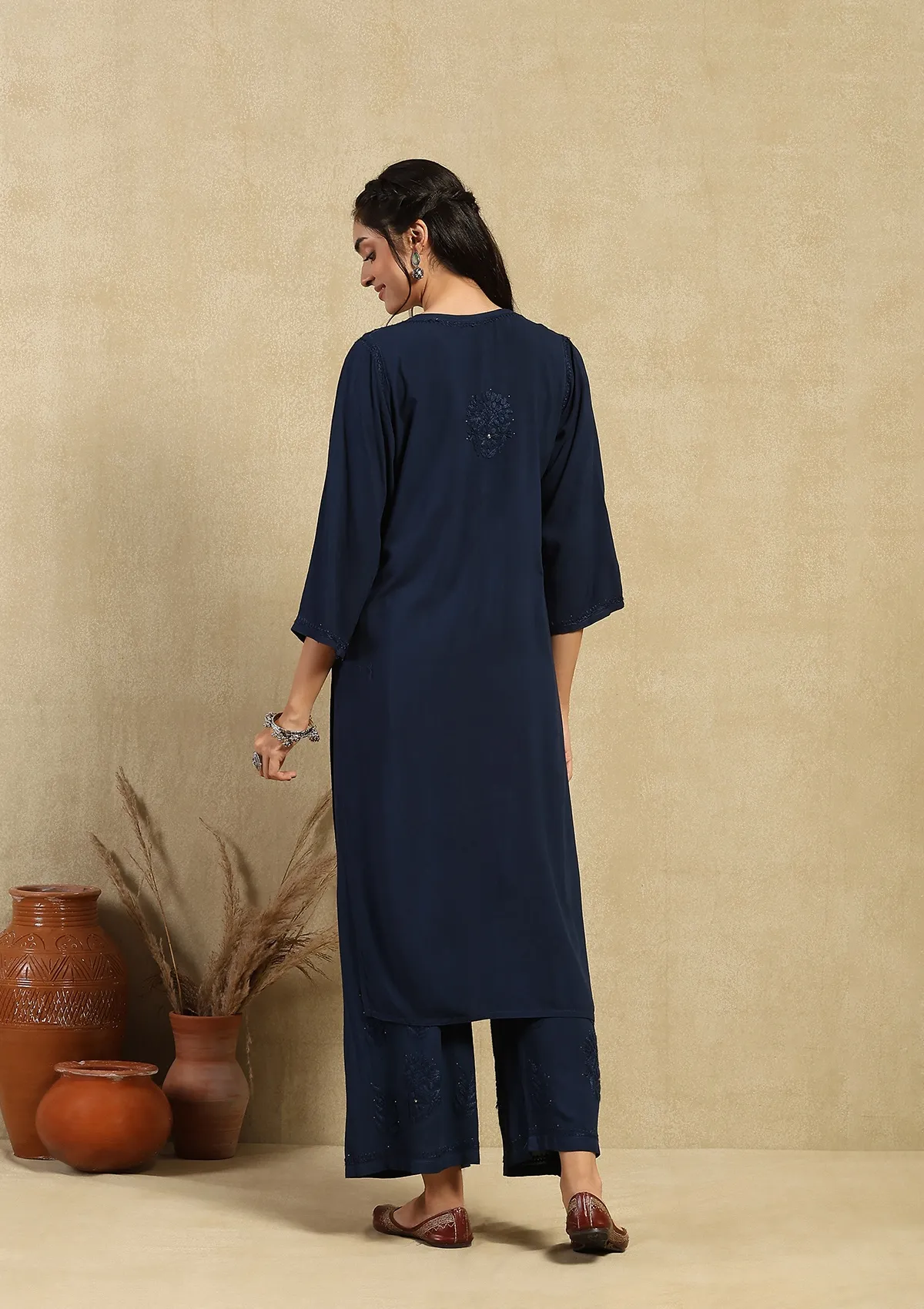 HOC Rayon Chikankari Mukaish Solid Women's 2PC Long Kurta Set -Navy Blue - Image 7