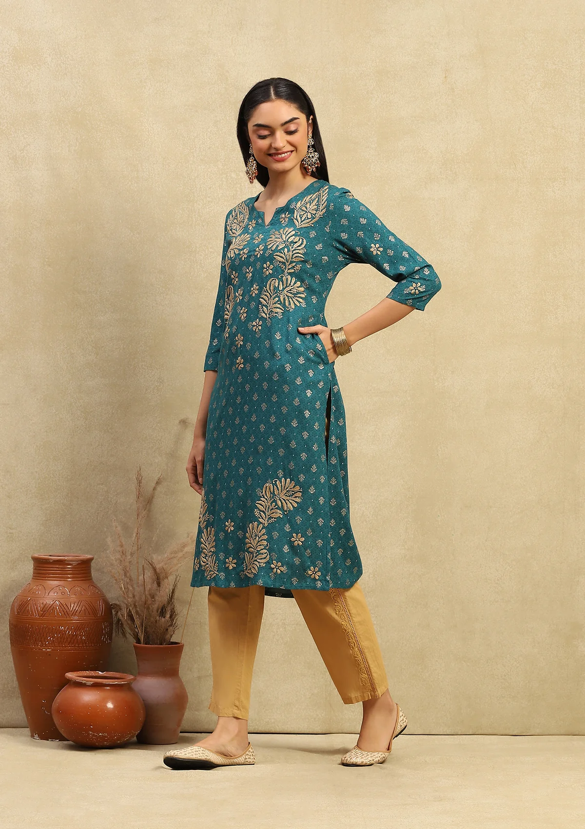 HOC Rayon Chikankari Printed Women's Long Kurta - Sea Green - Image 3