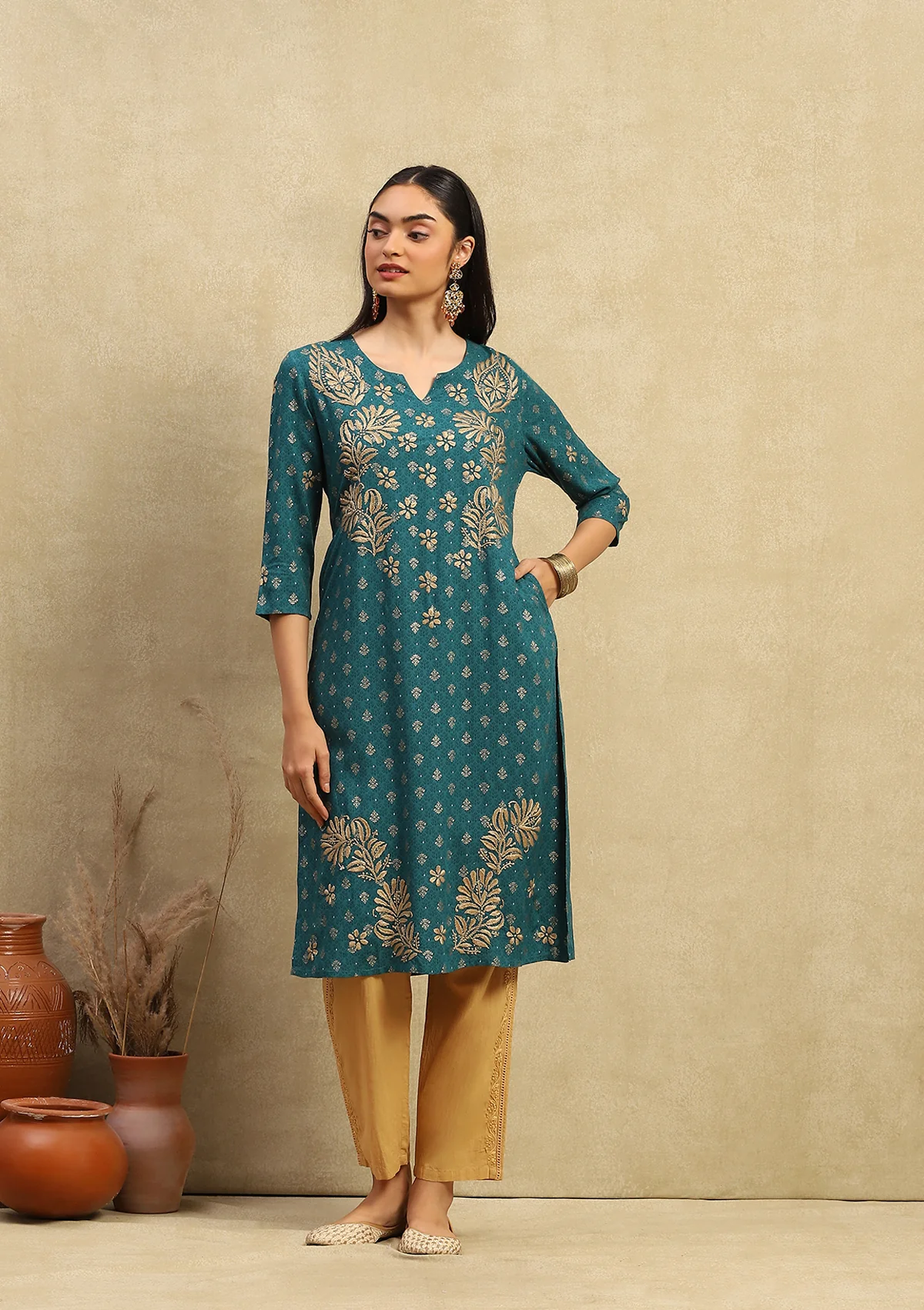 HOC Rayon Chikankari Printed Women's Long Kurta - Sea Green - Image 4