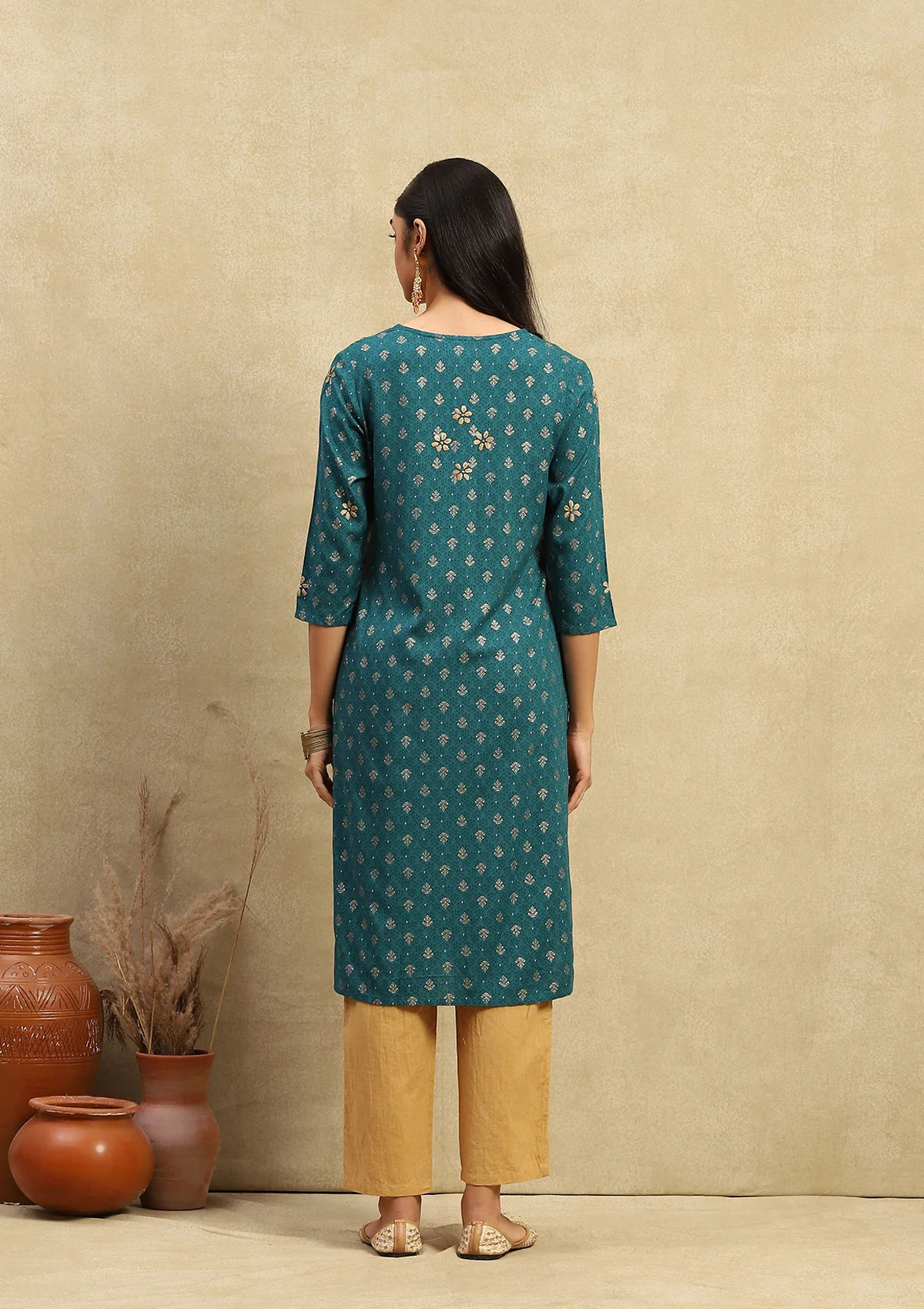 HOC Rayon Chikankari Printed Women's Long Kurta - Sea Green - Image 5