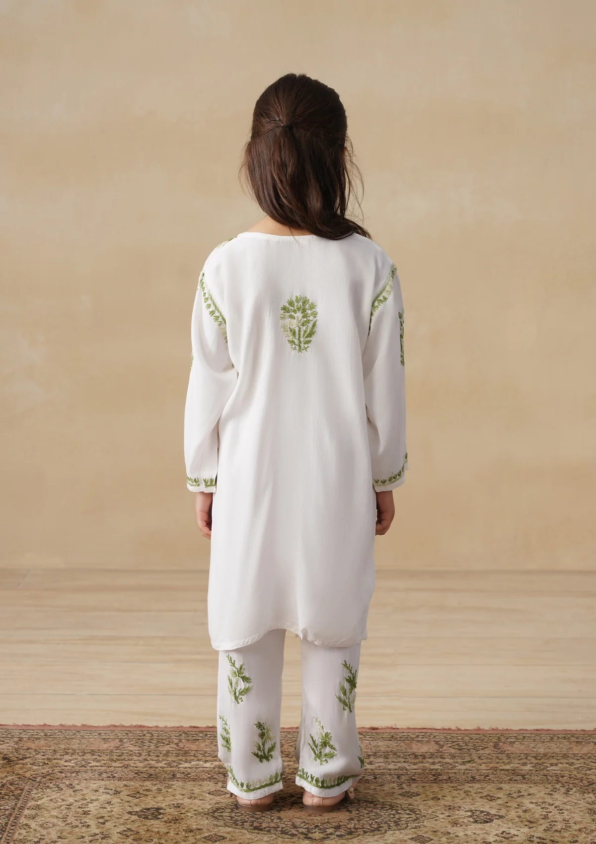 HOC Rayon Chikankari Solid Girls 2 PC Long Kurta Set - White - Image 9