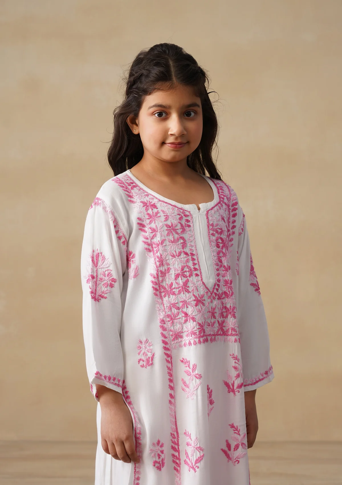 HOC Rayon Chikankari Solid Girls 2 PC Long Kurta Set - White - Image 4