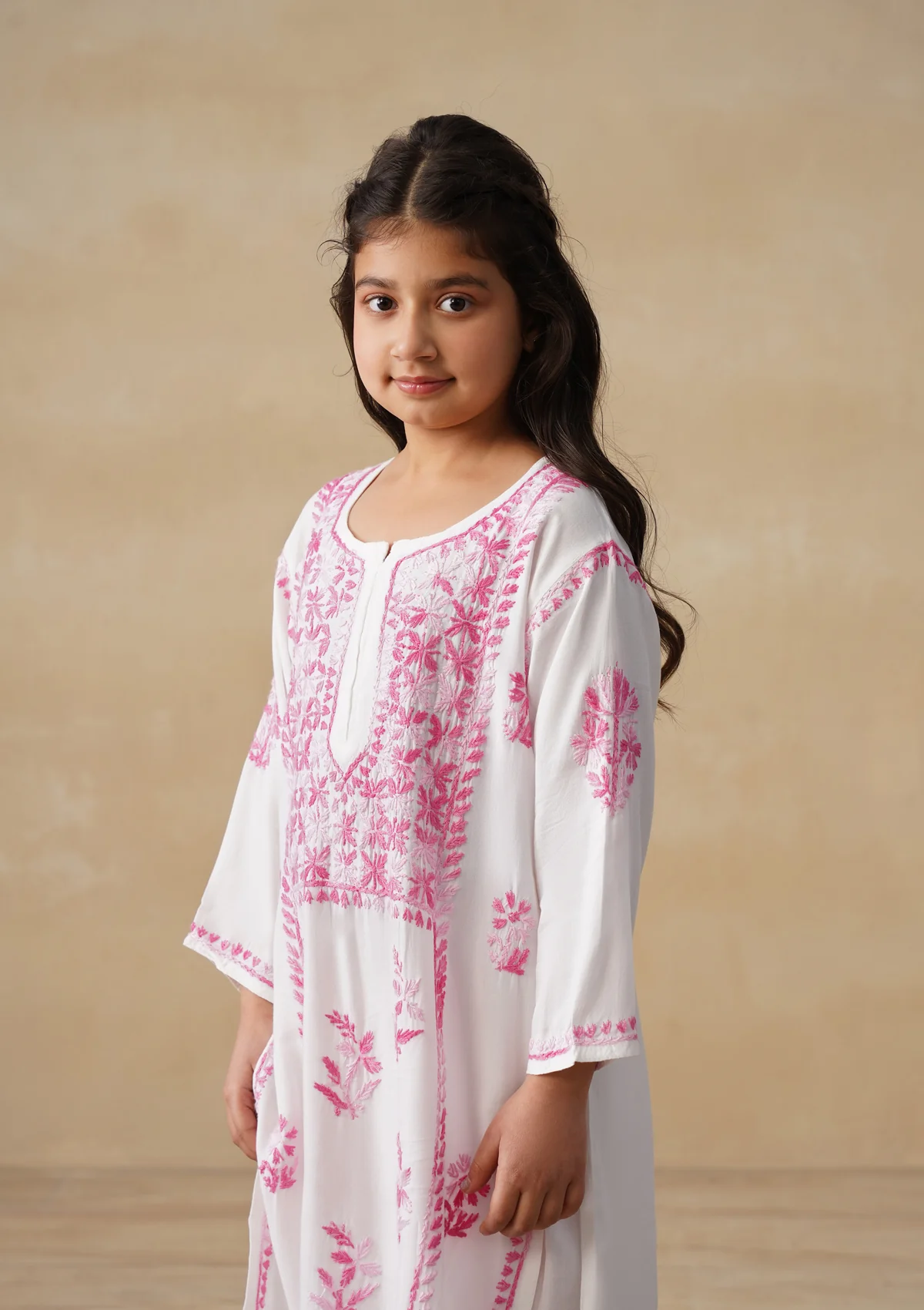 HOC Rayon Chikankari Solid Girls 2 PC Long Kurta Set - White - Image 5