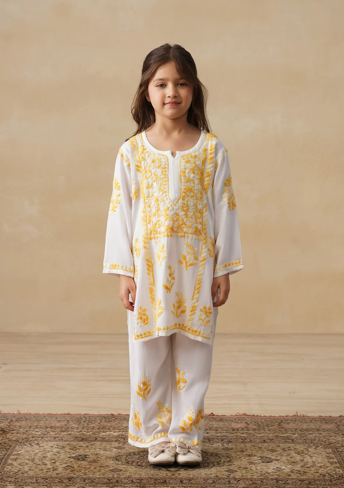 HOC Rayon Chikankari Solid Girls 2 PC Long Kurta Set - White