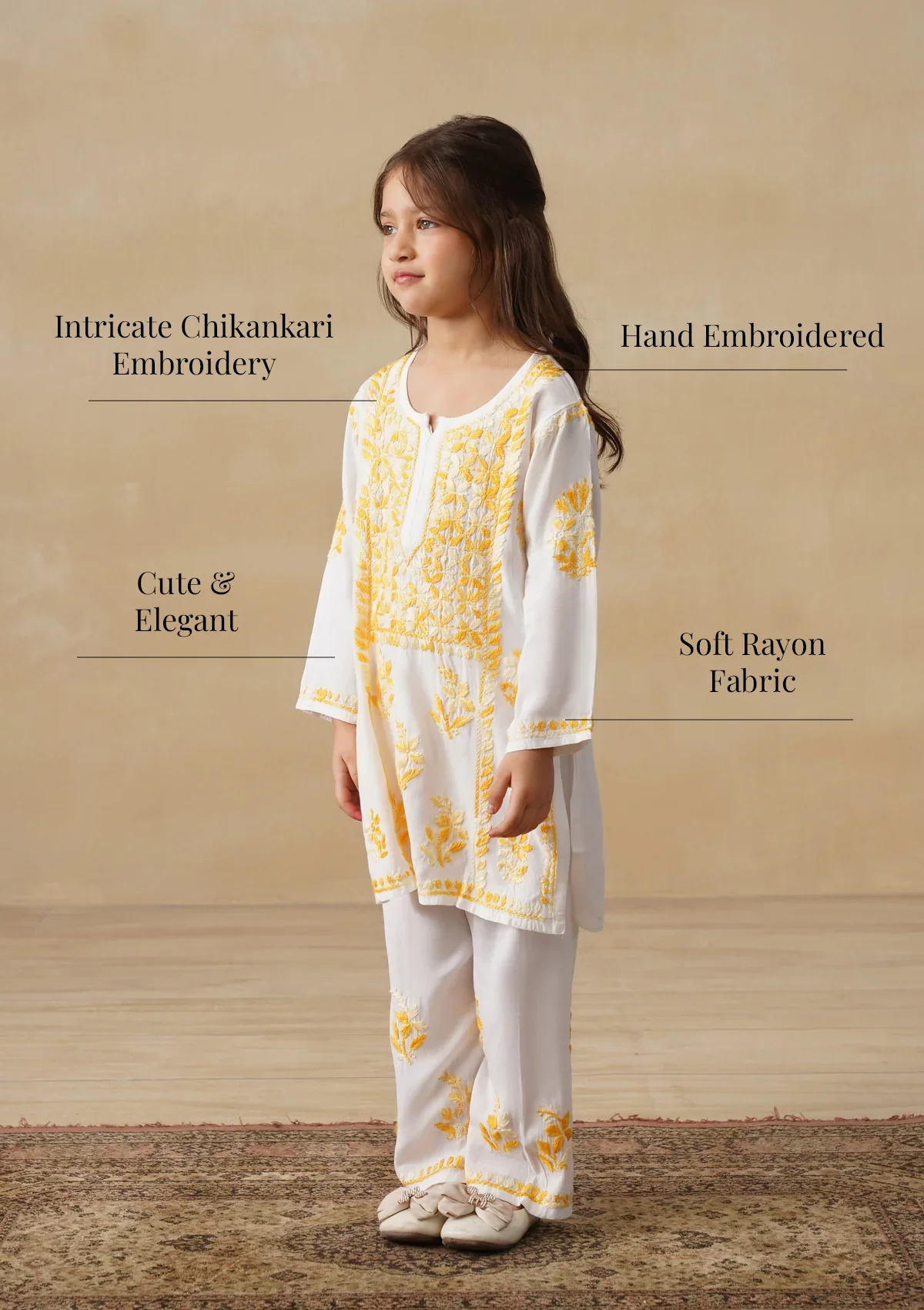 HOC Rayon Chikankari Solid Girls 2 PC Long Kurta Set - White - Image 11