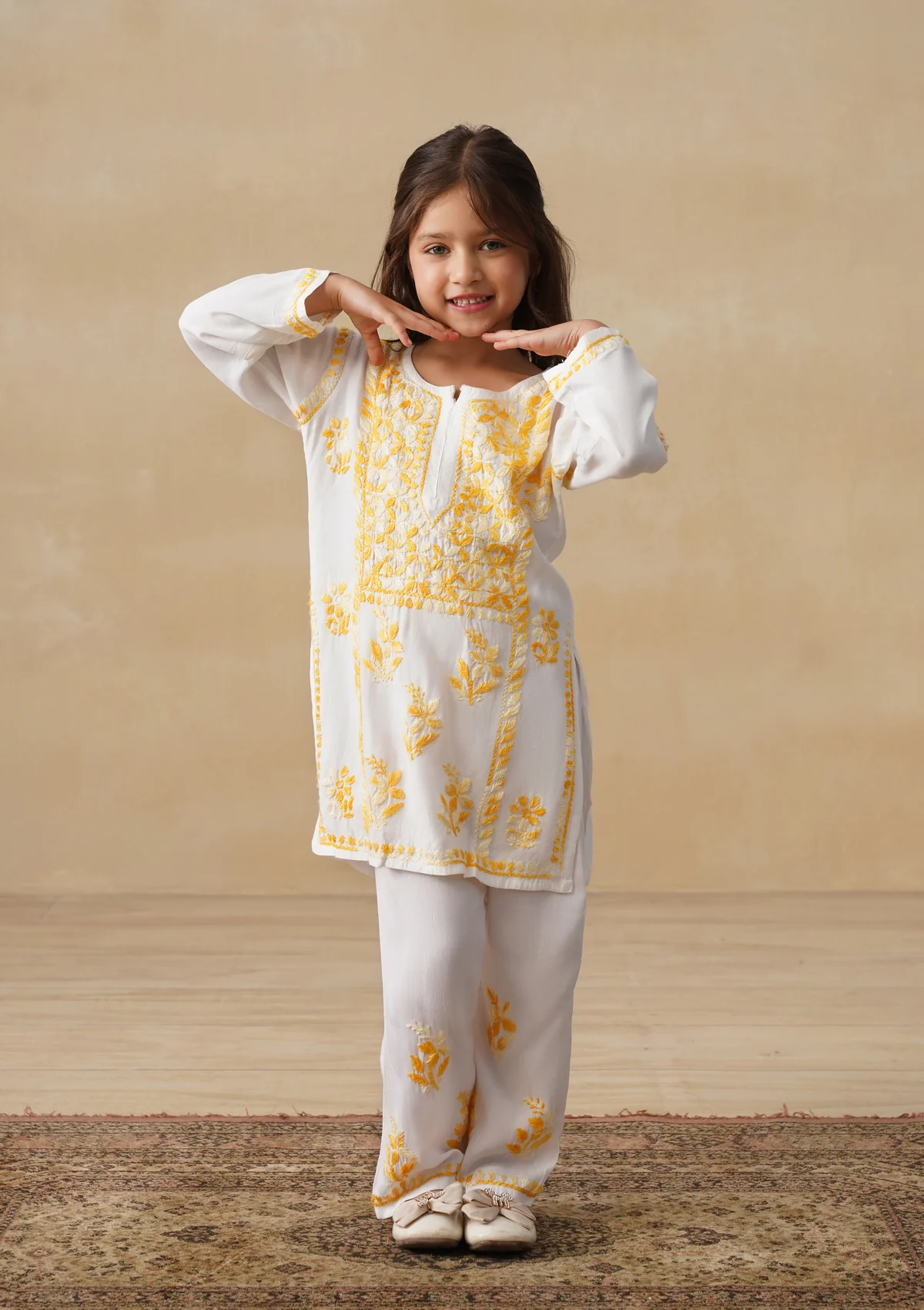 HOC Rayon Chikankari Solid Girls 2 PC Long Kurta Set - White - Image 2