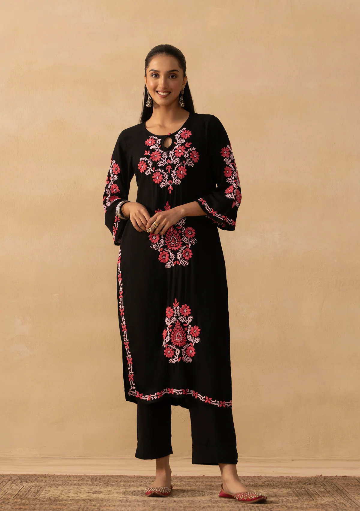 HOC Rayon Chikankari Solid Women's Long Kurta - Black