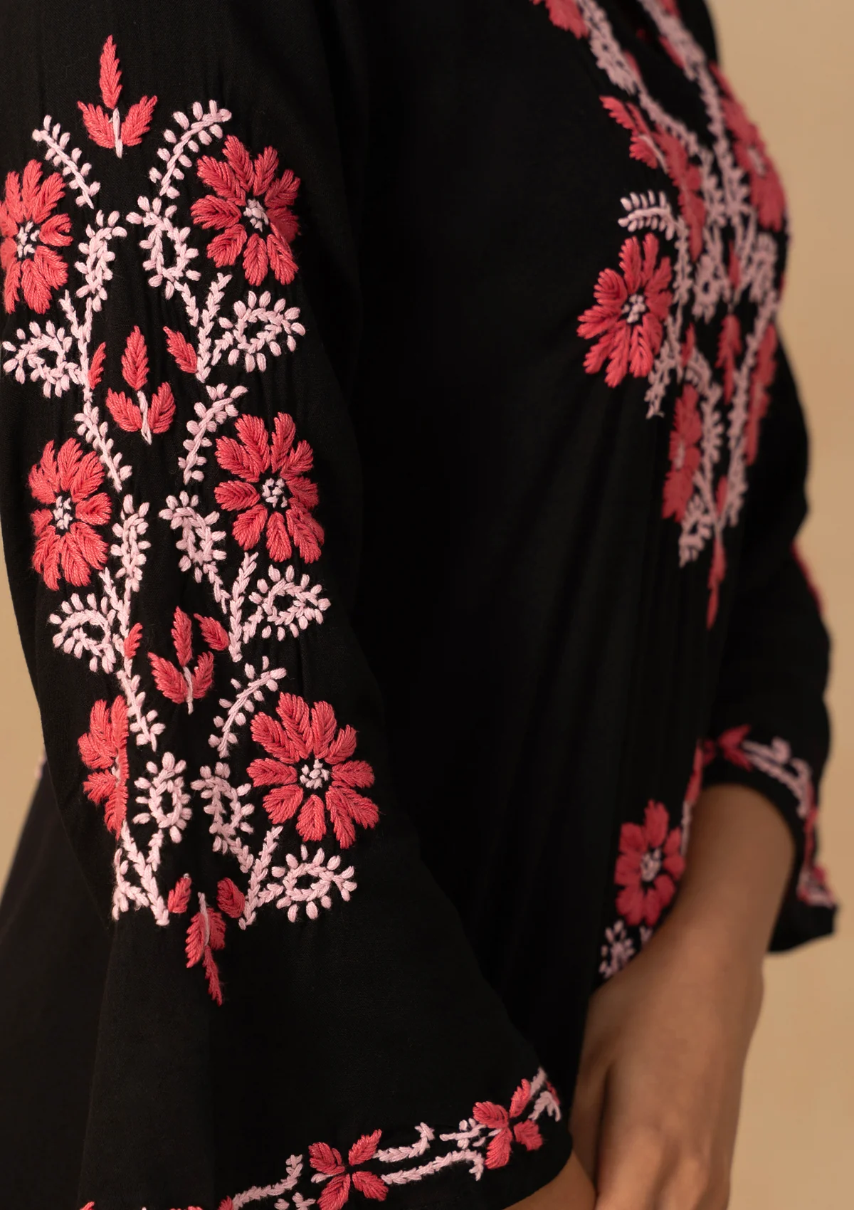 HOC Rayon Chikankari Solid Women's Long Kurta - Black - Image 4