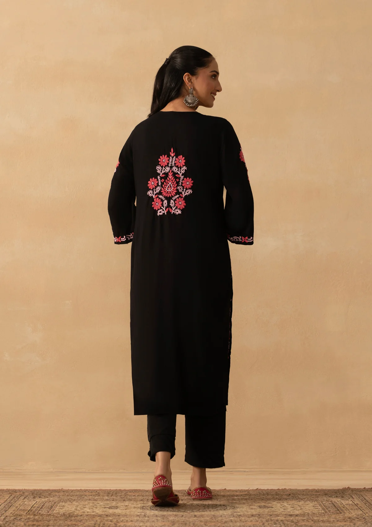 HOC Rayon Chikankari Solid Women's Long Kurta - Black - Image 6