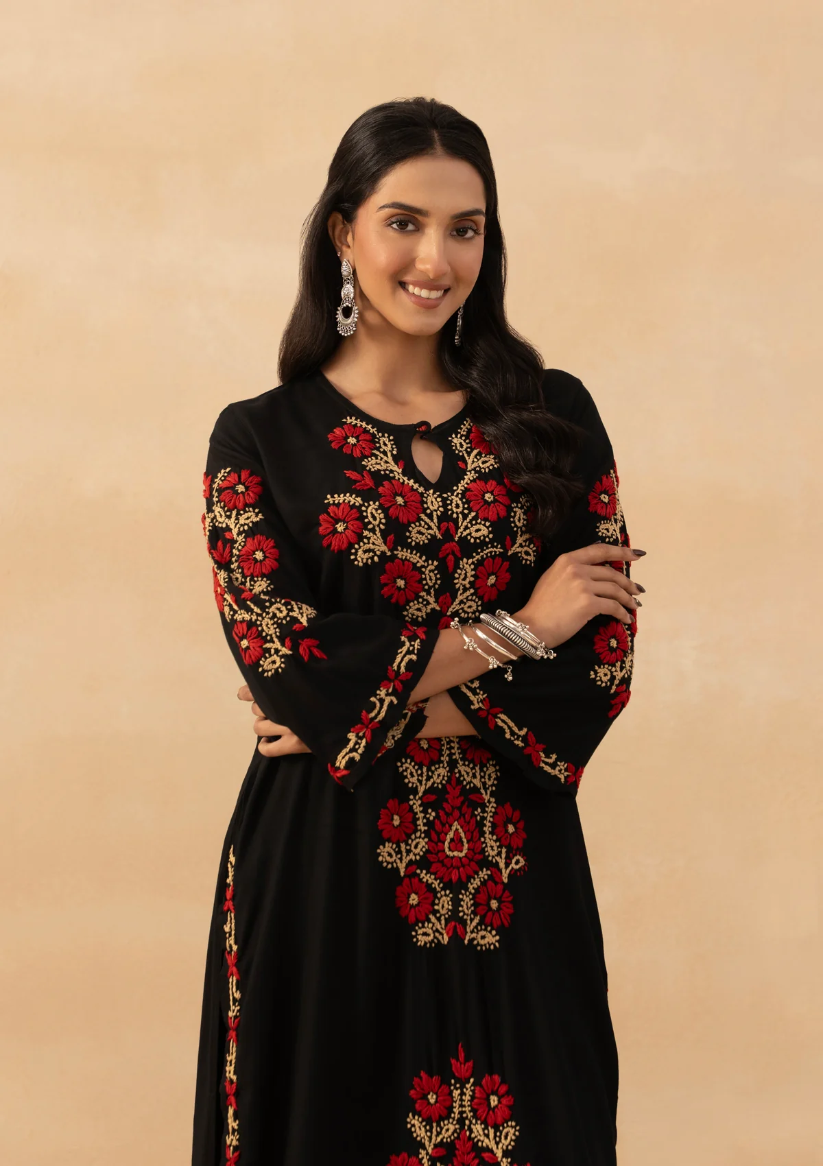 HOC Rayon Chikankari Solid Women's Long Kurta - Black - Image 2
