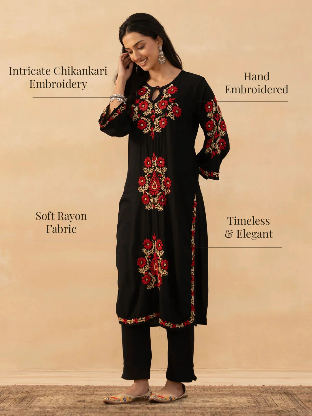HOC Rayon Chikankari Solid Women's Long Kurta - Black - Image 7