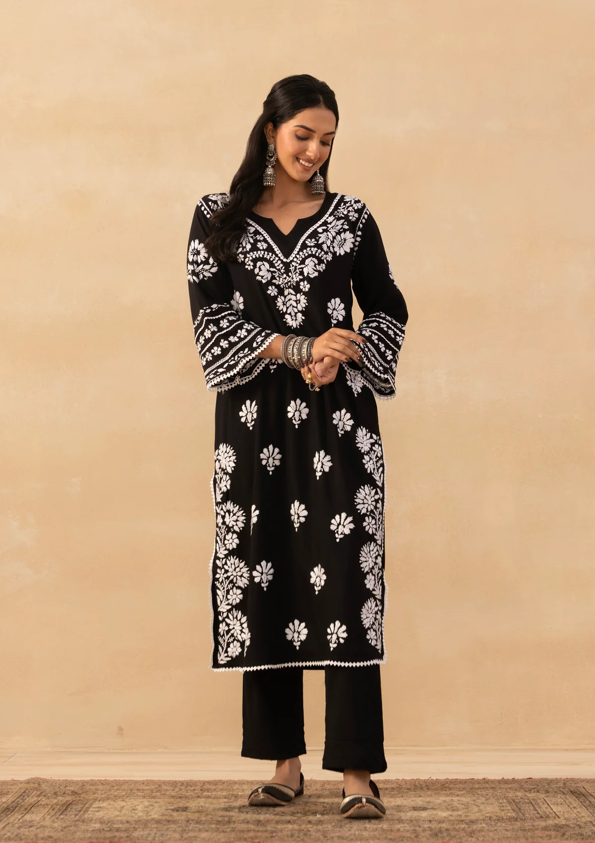 HOC Rayon Chikankari Solid Women's Long Kurta - Black - Image 4