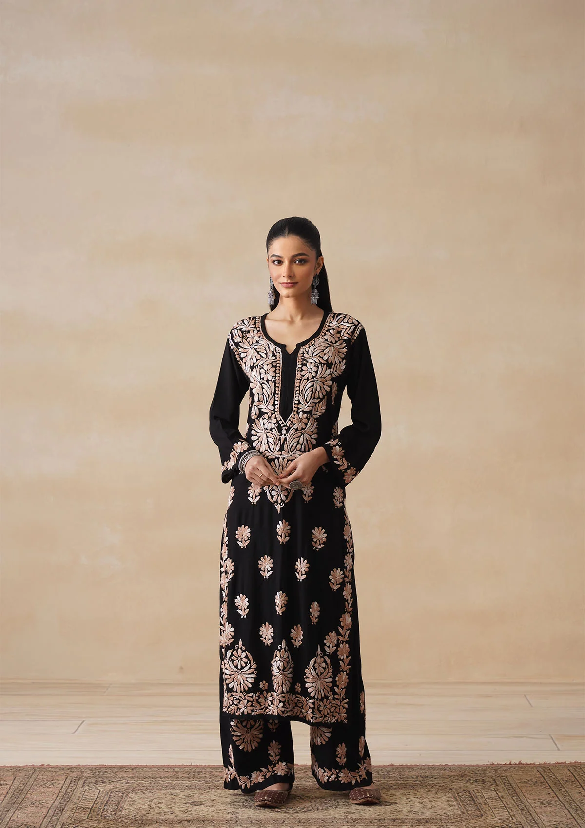 HOC Rayon Chikankari Solid Women's 2 PC Long Kurta Set - Black