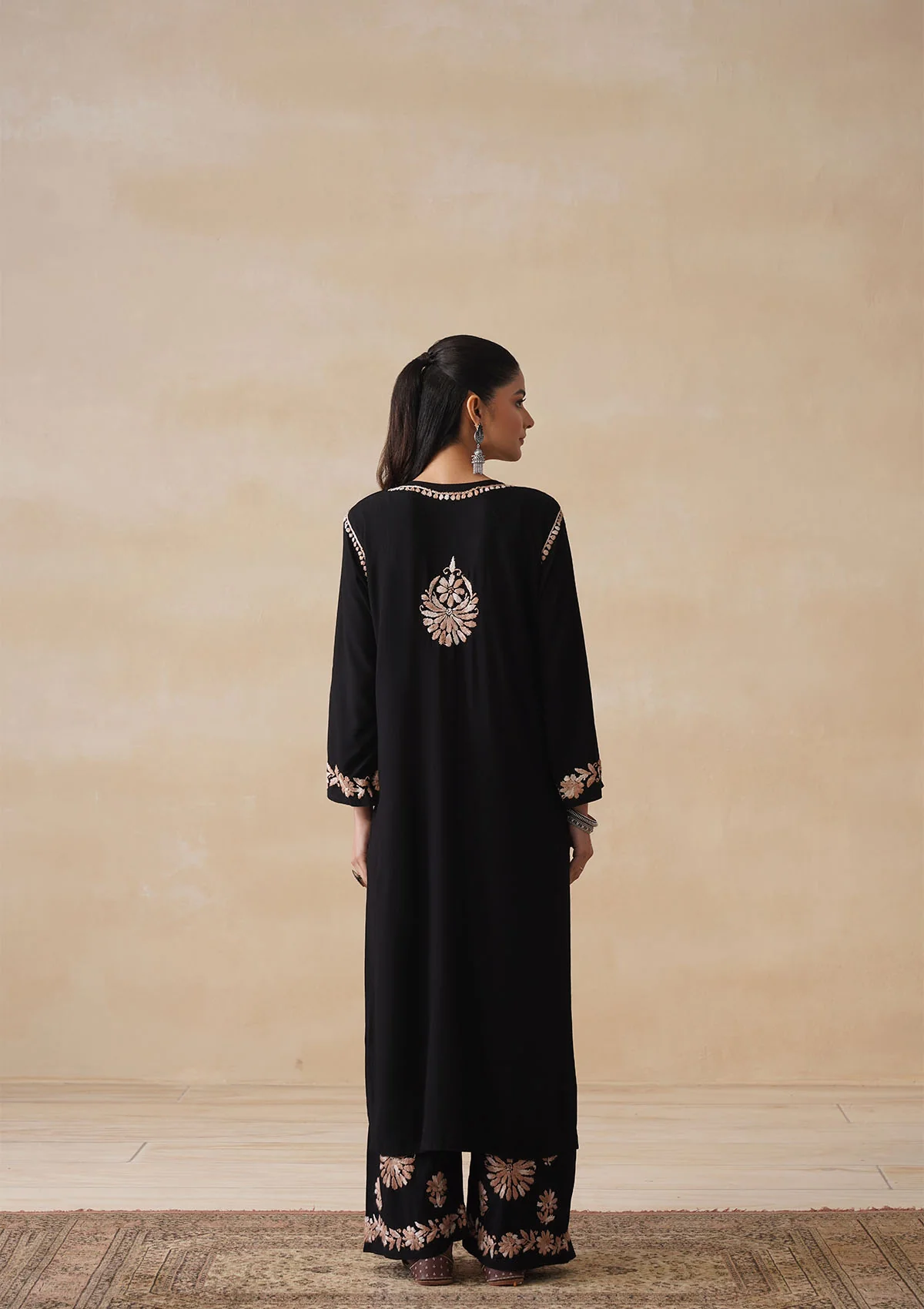 HOC Rayon Chikankari Solid Women's 2 PC Long Kurta Set - Black - Image 10
