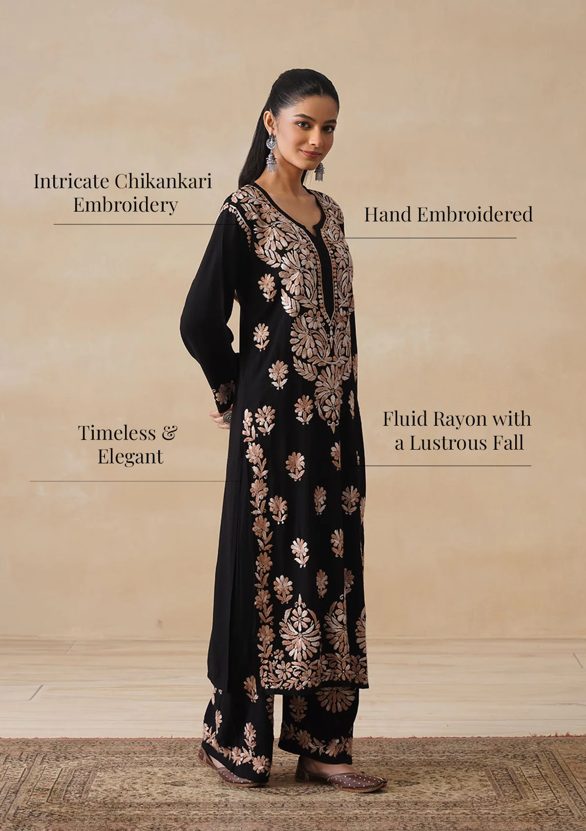 HOC Rayon Chikankari Solid Women's 2 PC Long Kurta Set - Black - Image 11