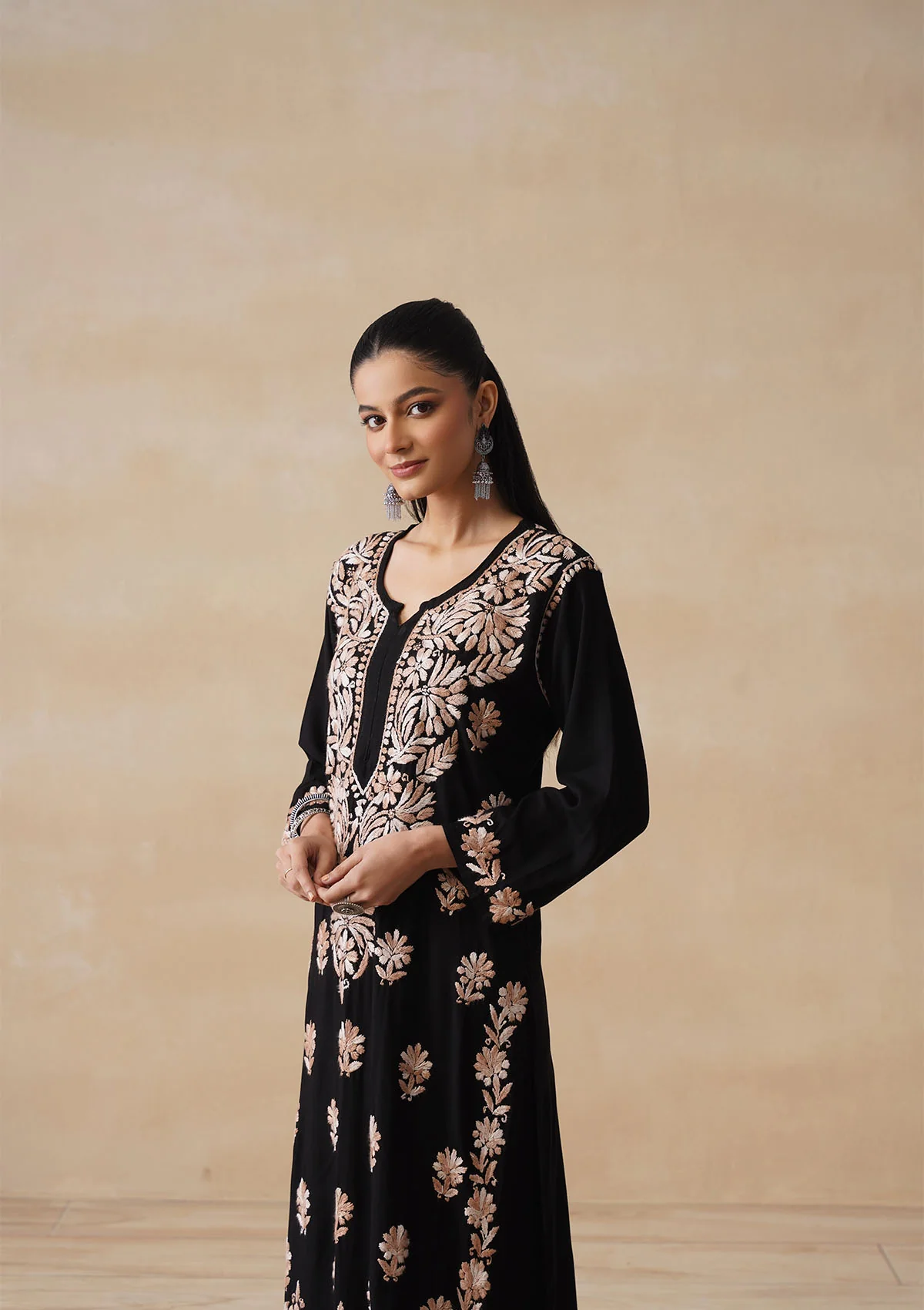 HOC Rayon Chikankari Solid Women's 2 PC Long Kurta Set - Black - Image 3