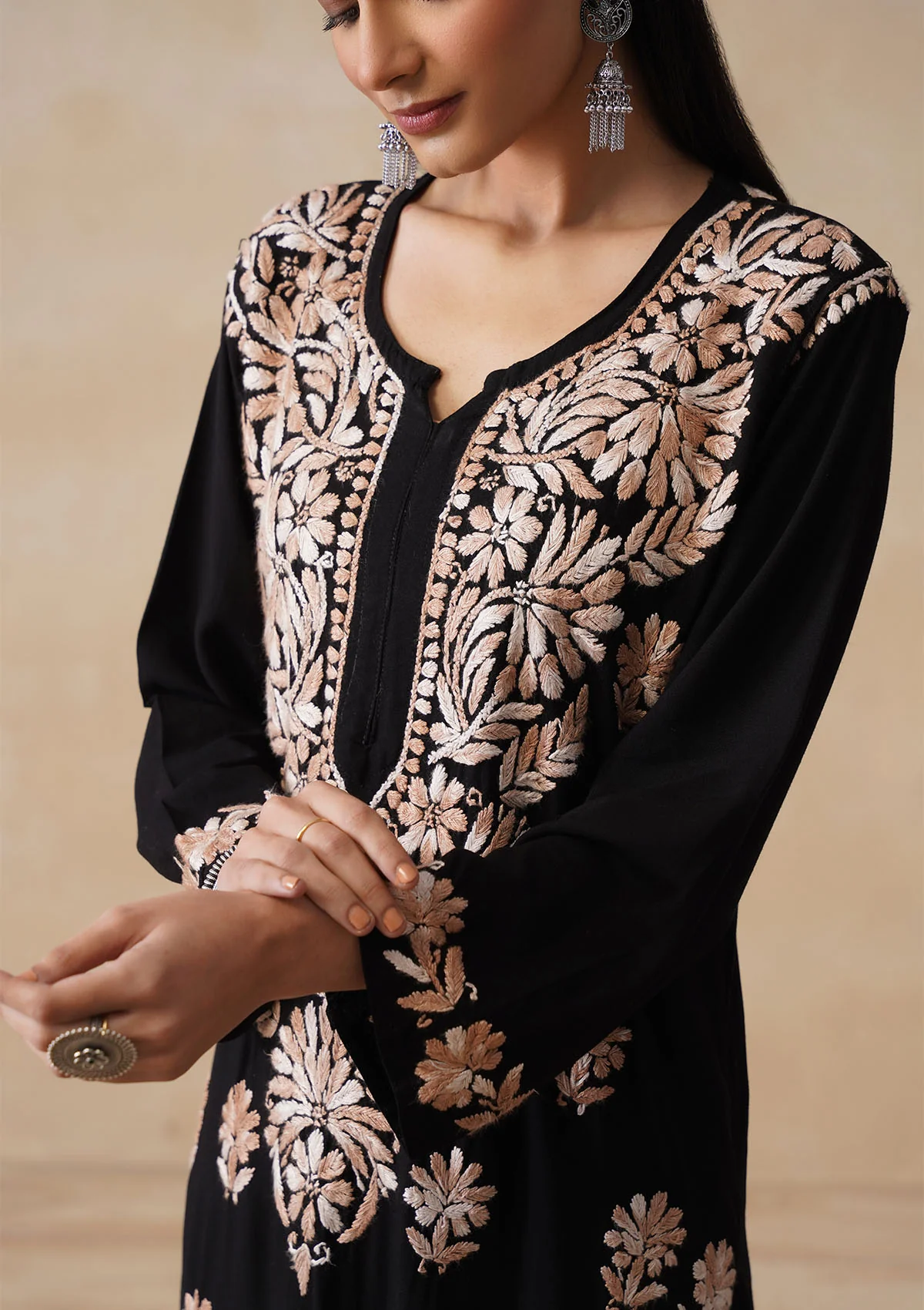 HOC Rayon Chikankari Solid Women's 2 PC Long Kurta Set - Black - Image 5