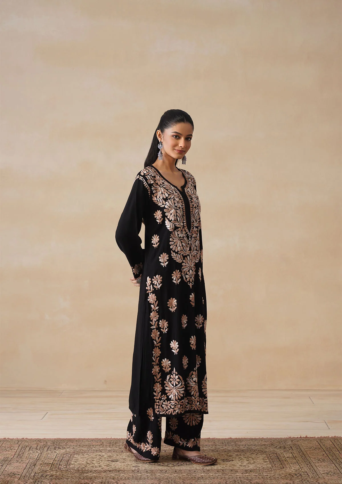 HOC Rayon Chikankari Solid Women's 2 PC Long Kurta Set - Black - Image 7