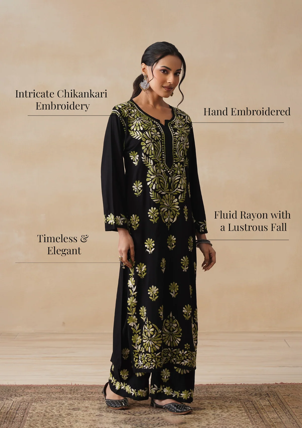 HOC Rayon Chikankari Solid Women's 2 PC Long Kurta Set - Black - Image 10