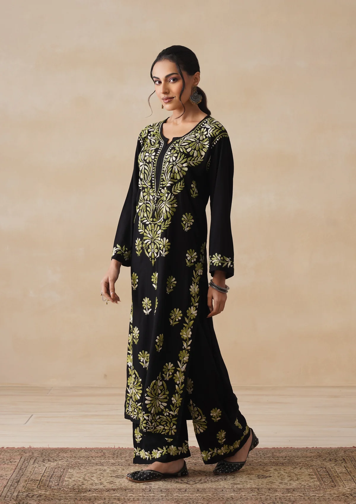 HOC Rayon Chikankari Solid Women's 2 PC Long Kurta Set - Black - Image 3